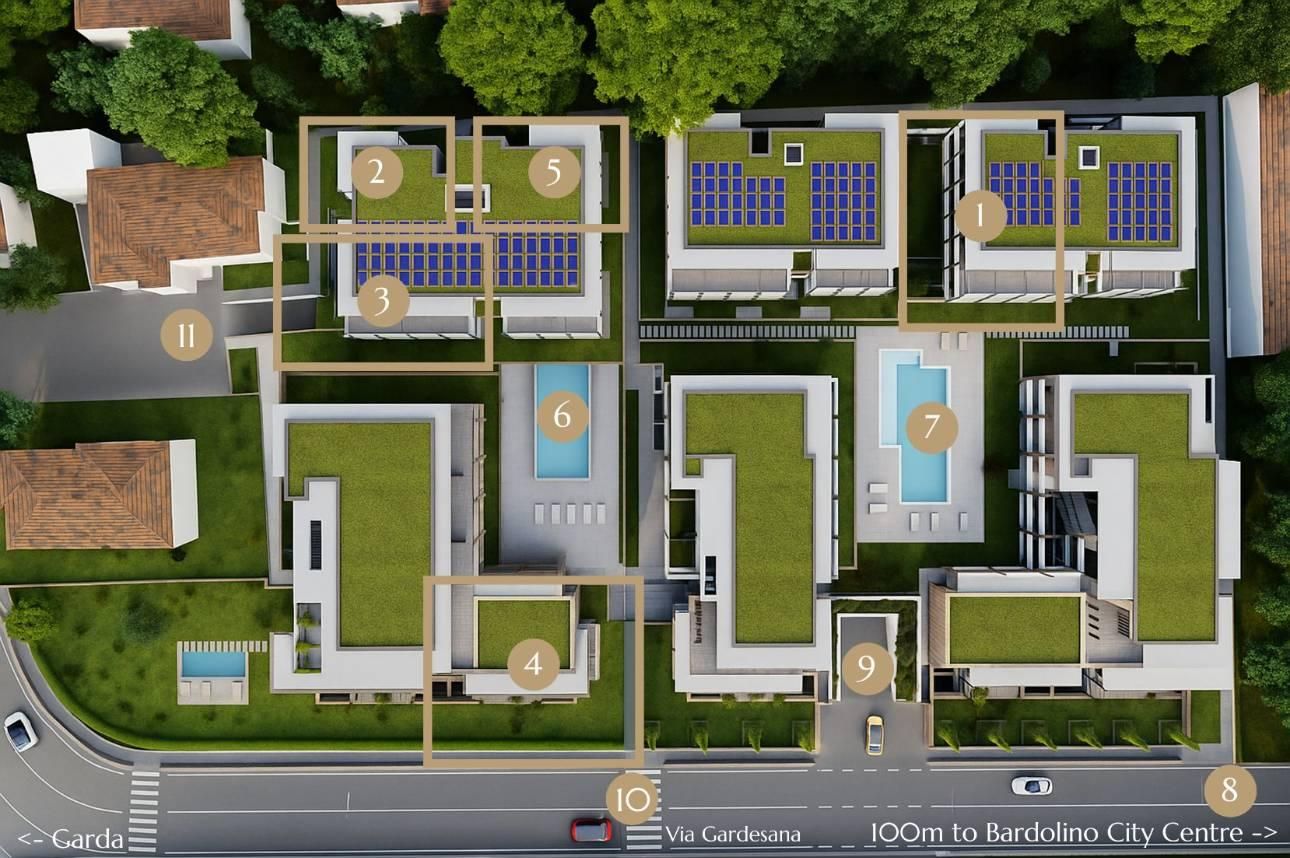 Site plan of Residence Corte Garden in Bardolino with the five homes